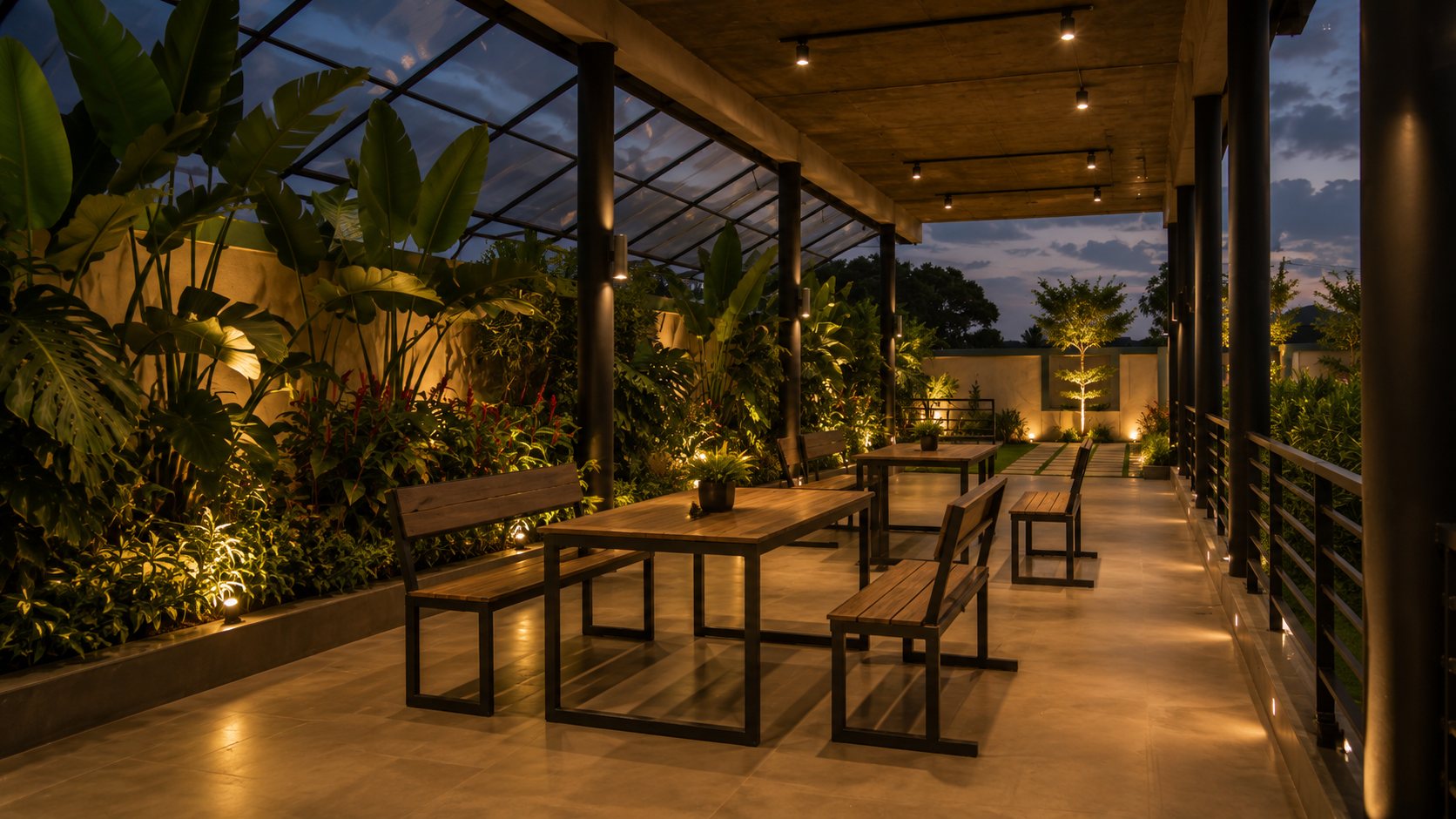 Covered terrace seating among plants at Belagavi Brewing Company in the evening