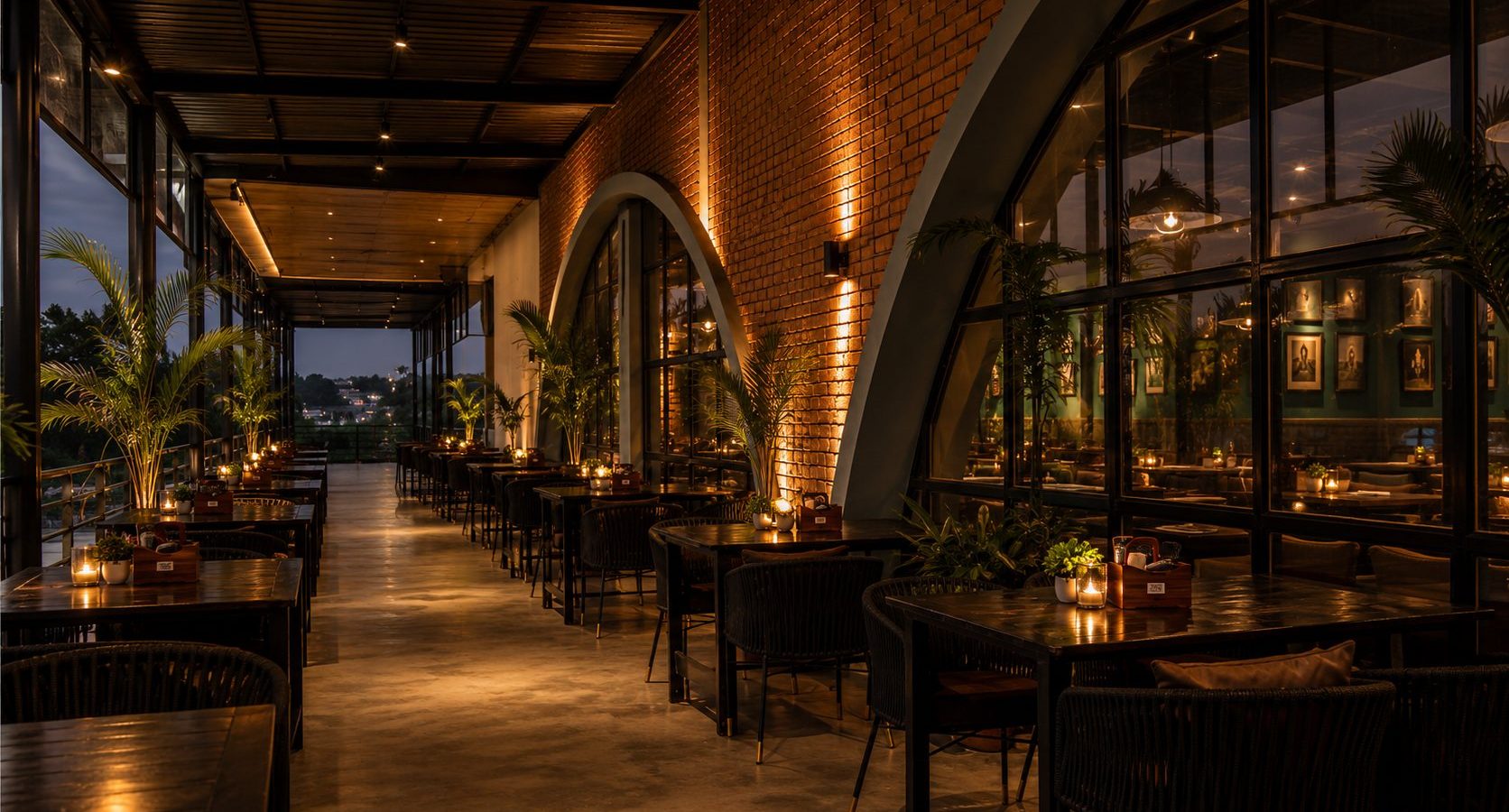 Dining hall at Belagavi Brewing Company lit for the evening