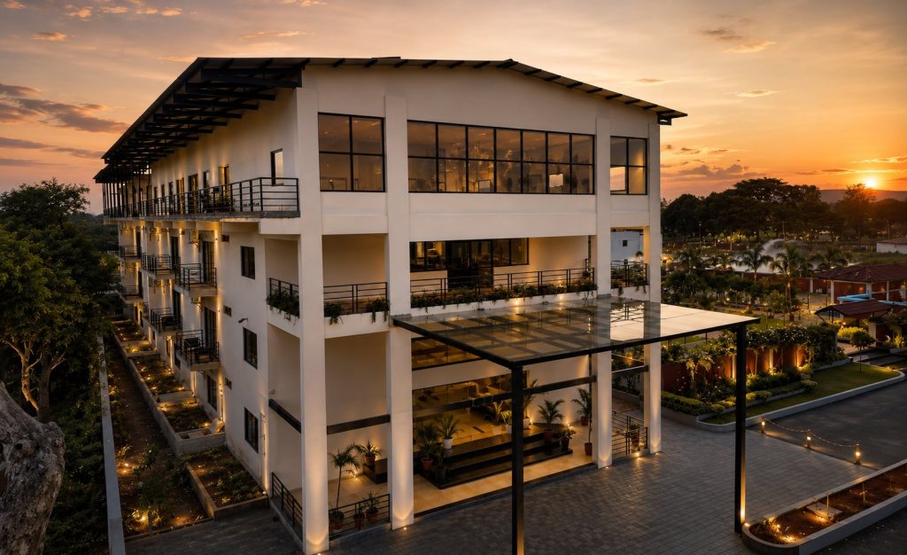Guest room block at Prakruthi Retreat at sunset