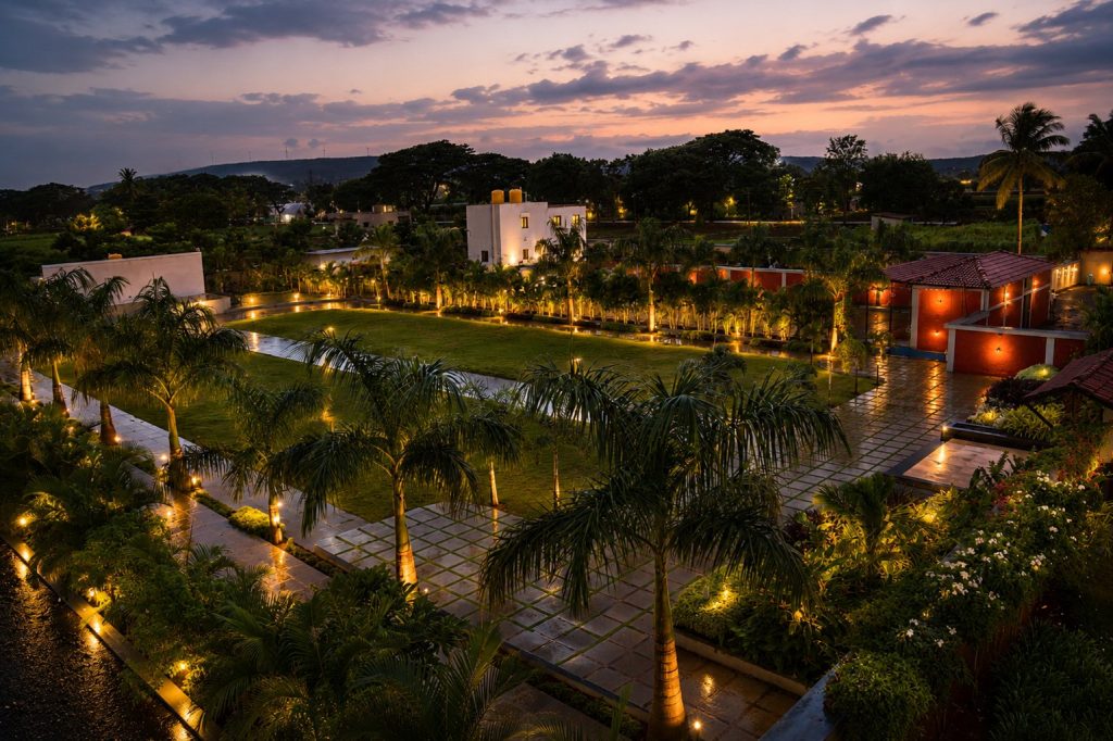 Landscaped gardens lit up in the evening
