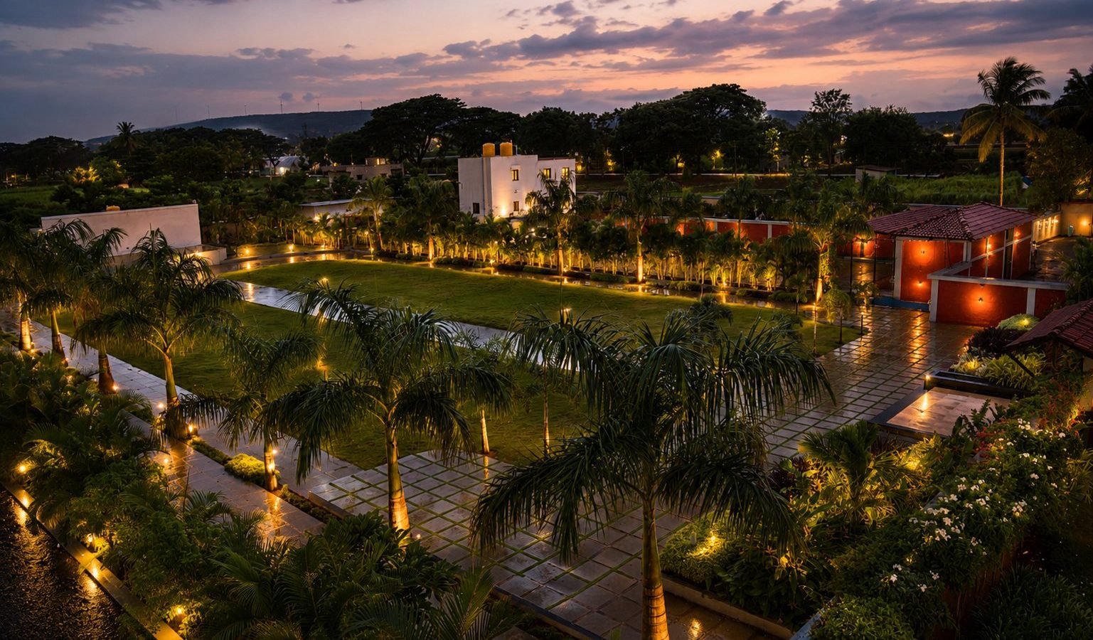Landscaped gardens lit up in the evening