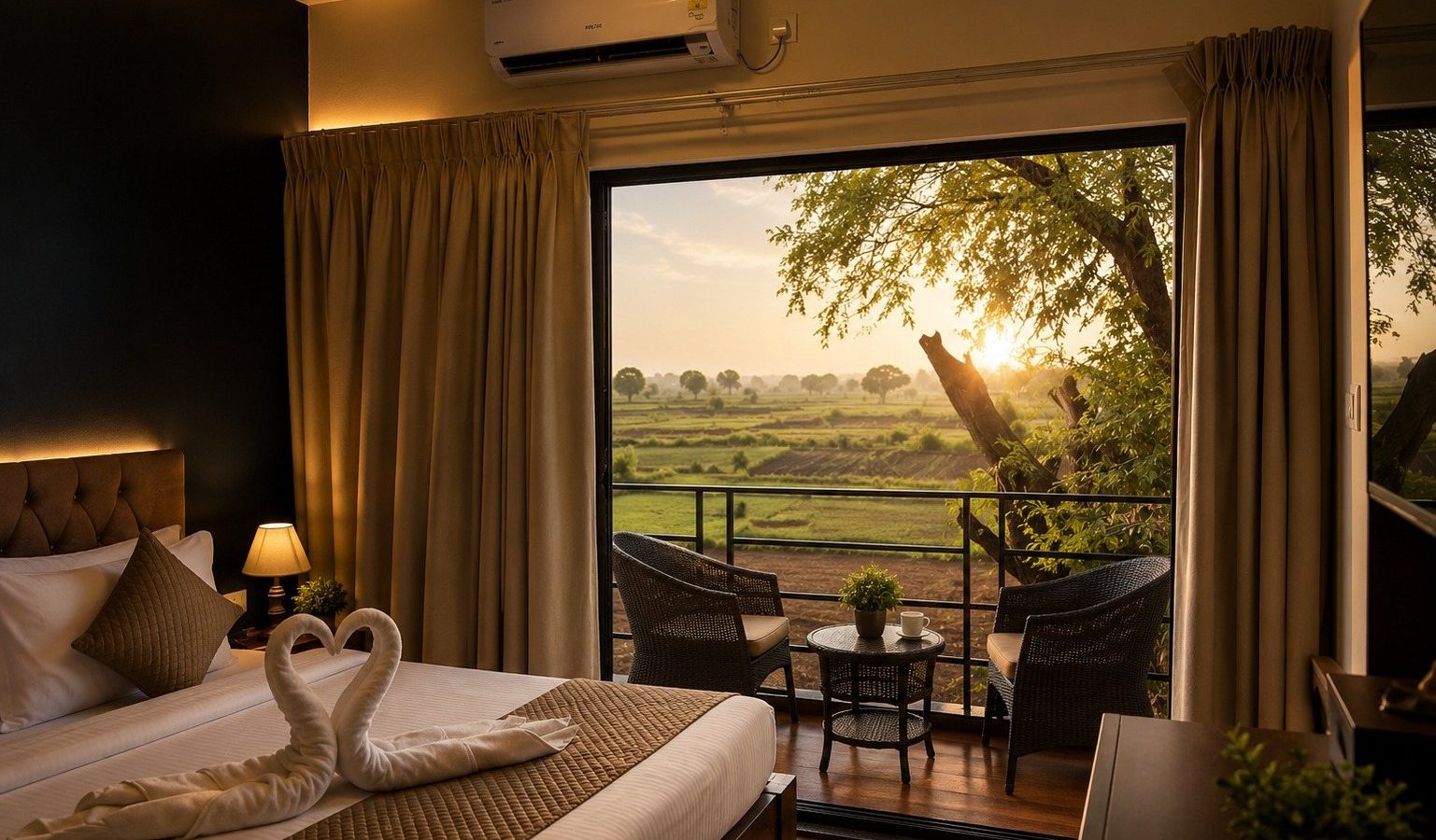 Executive Room opening onto a private balcony with a view of the fields
